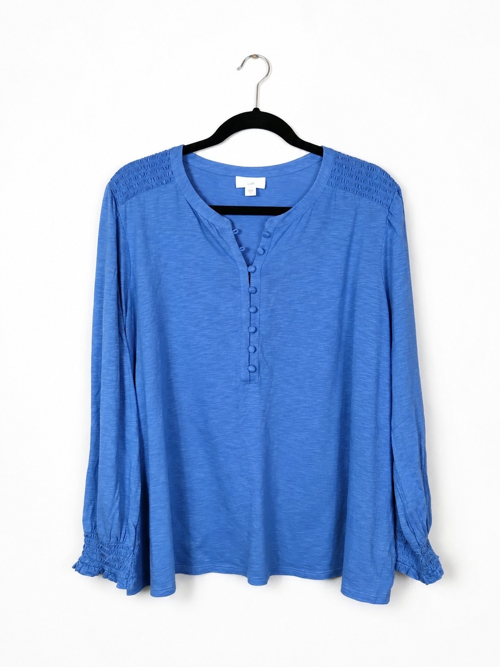 J.Jill XL Blue Cotton Tencel Modal Smocked Sleeve Henley Top Coastal Boho Casual